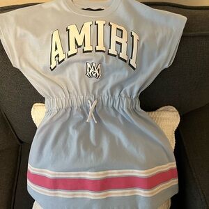 AMIRI Light Blue Logo Drawstring Waist Sweatshirt Dress with Pink Stripe